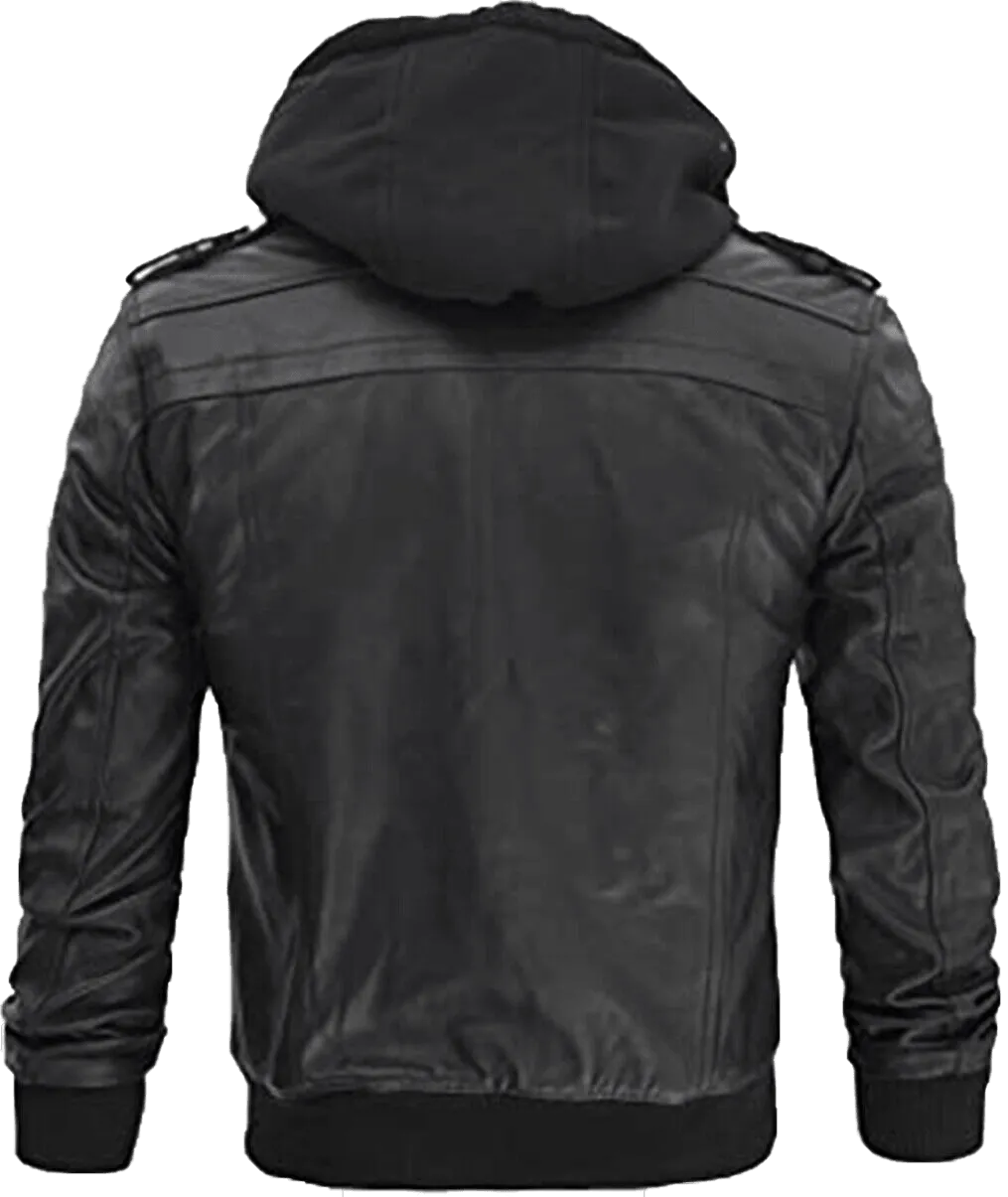 Men Black Leather Motorcycle Jacket with Removable Hood | Men Black Motorcycle Leather Jacket with Removable Hood