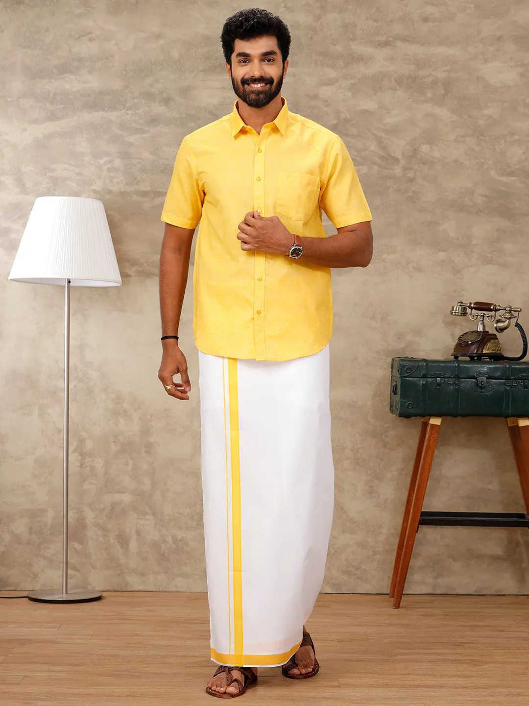 Men Matching Dhoti & Half Sleeves Shirt Set Lite Yellow CC3