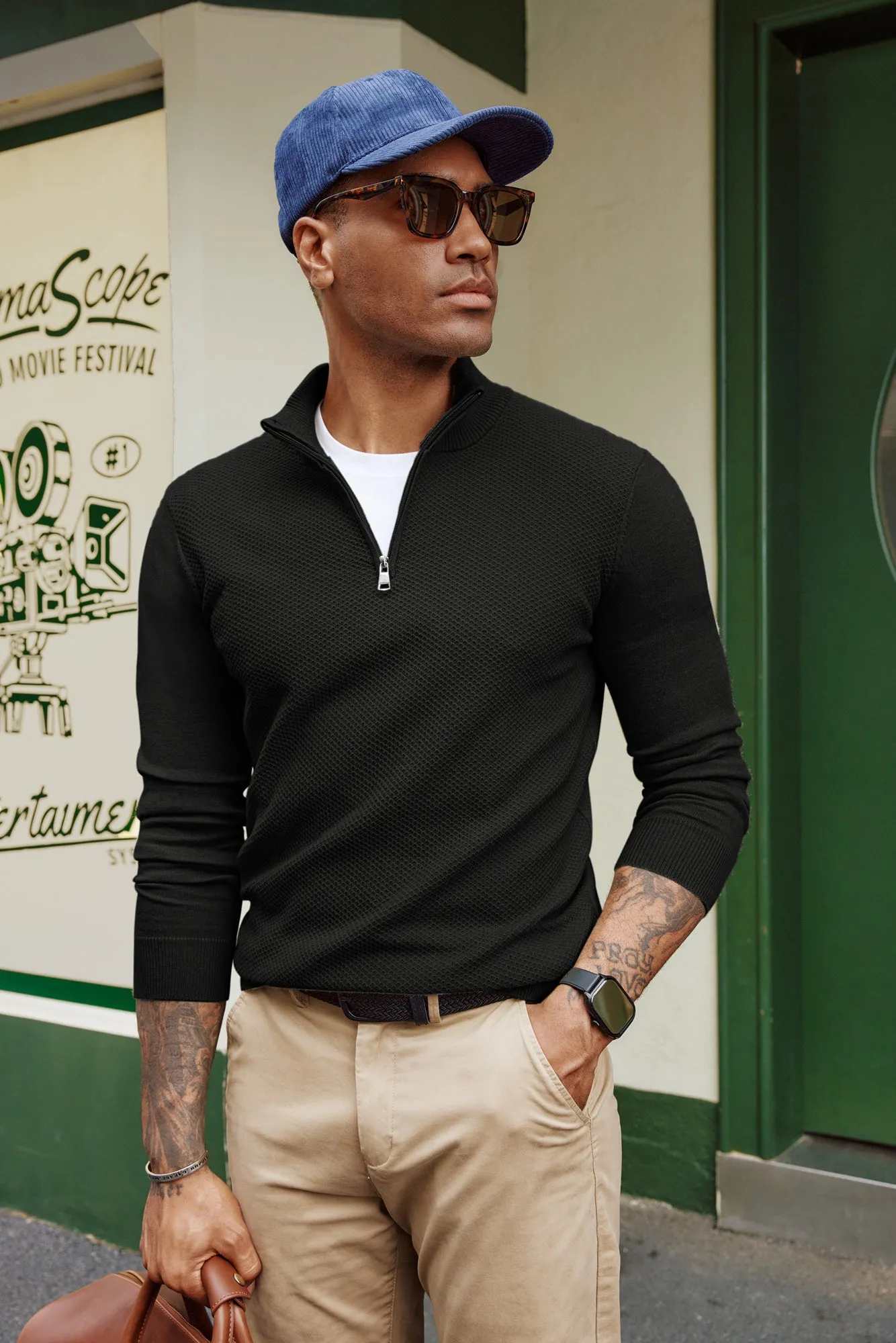 Men Textured Sweater Long Sleeve Stand Collar Zip-up Neck Pullover Knitwear