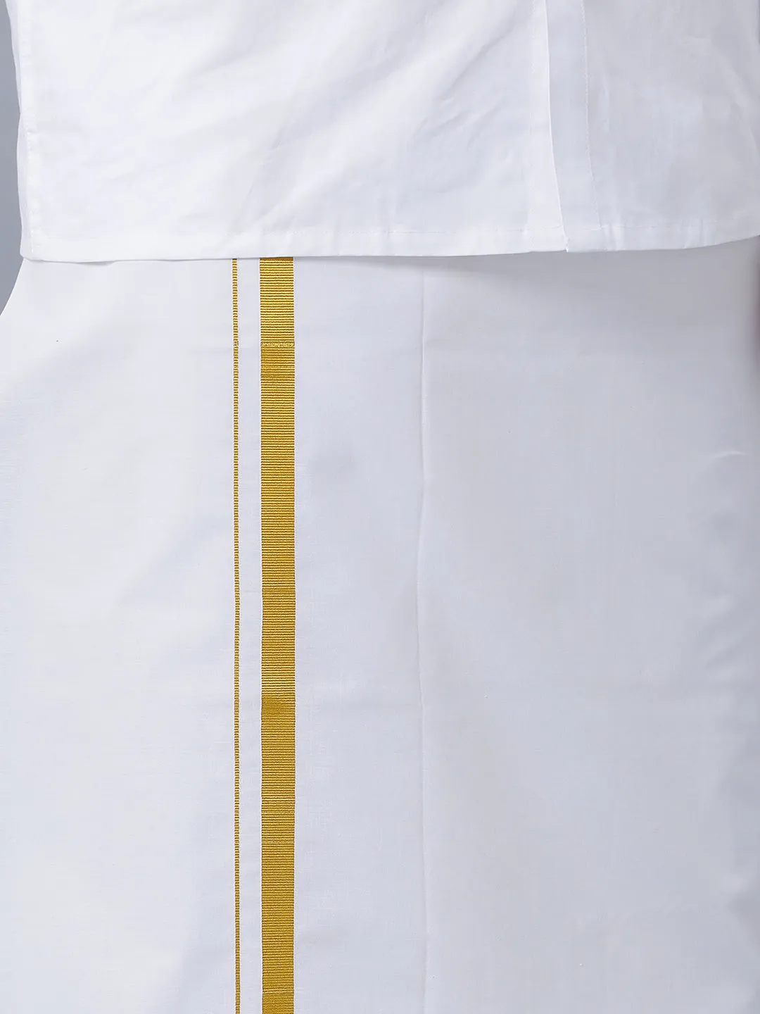 Men Wrinkle Free White Full Sleeves Shirt with 3/4'' inch Gold Jari Single Dhoti Combo