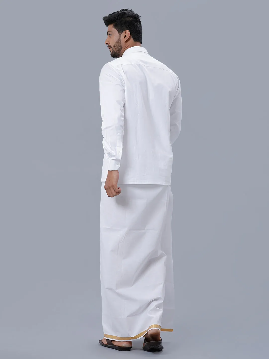 Men Wrinkle Free White Full Sleeves Shirt with 3/4'' inch Gold Jari Single Dhoti Combo