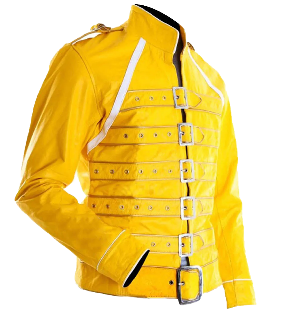 Men Yellow Pop Rock Freddie Mercury Costume Leather Jacket | Costume Leather Jacket