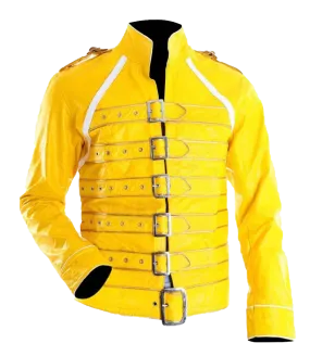 Men Yellow Pop Rock Freddie Mercury Costume Leather Jacket | Costume Leather Jacket