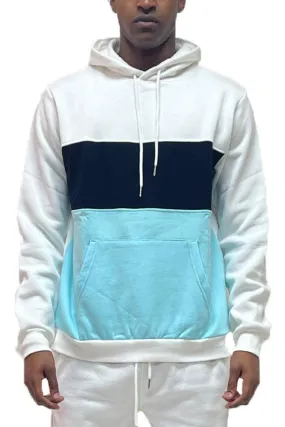 Mens Blue White Color Block Pullover Hoodie