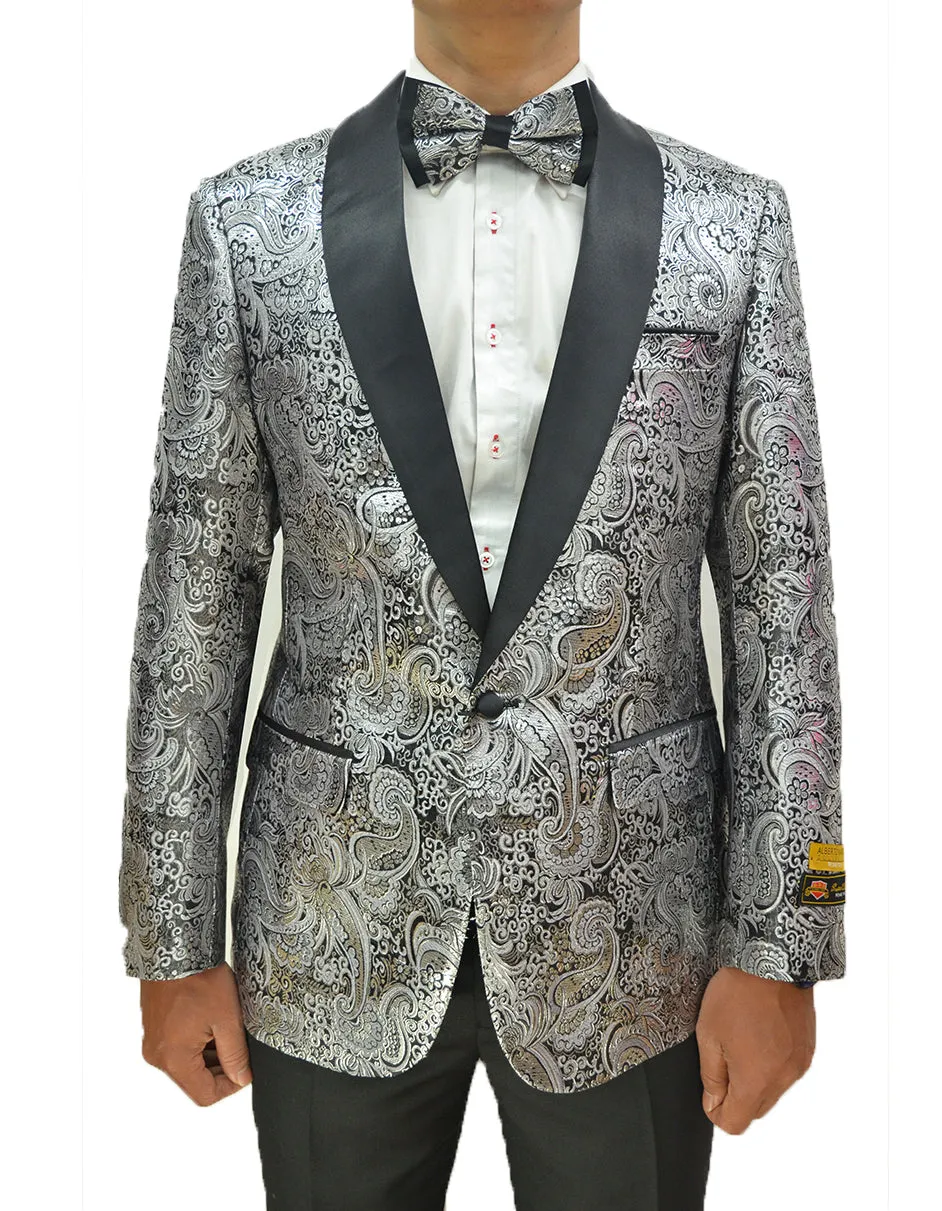 Mens Formal Silver Paisley Shawl Dinner Jacket