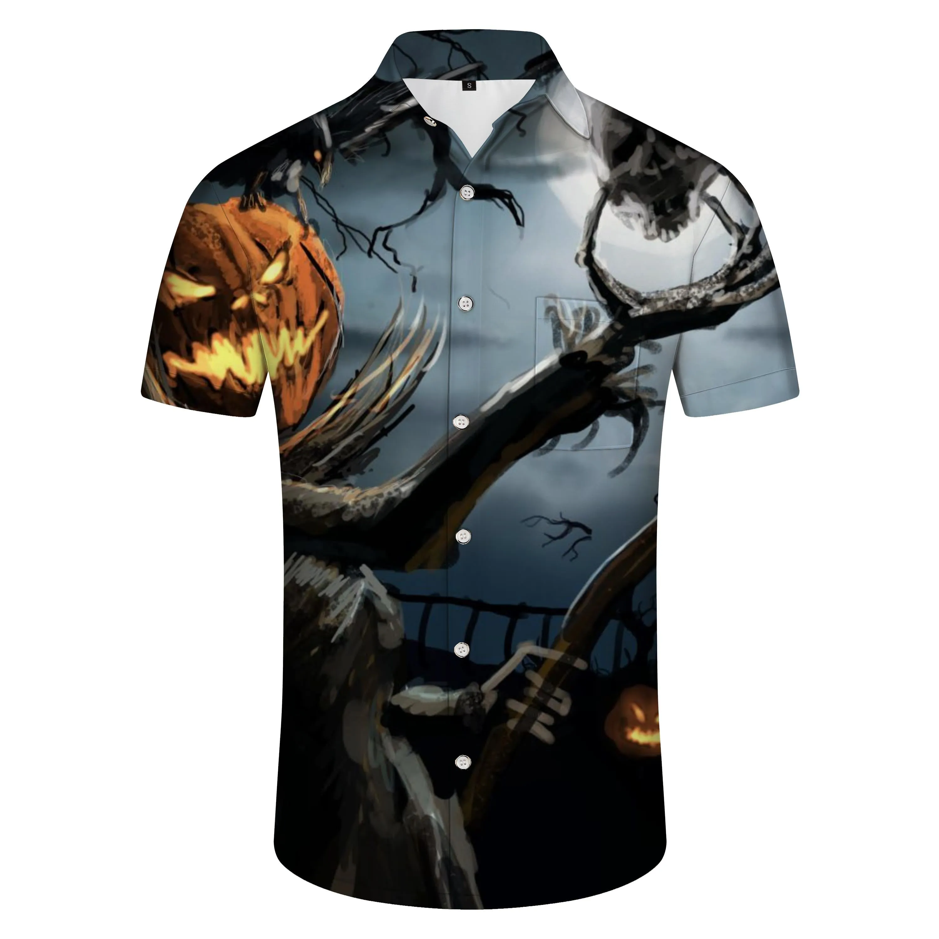 Men's short sleeve loose shirt Halloween pumpkin ghost pattern short sleeve shirt button party dress short sleeve