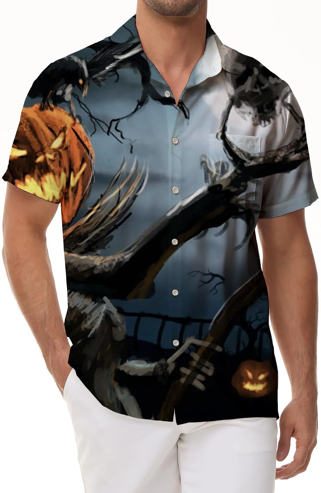 Men's short sleeve loose shirt Halloween pumpkin ghost pattern short sleeve shirt button party dress short sleeve