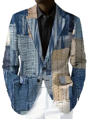 Men's Vintage Denim Patchwork Textured Print Single Breasted Blazer