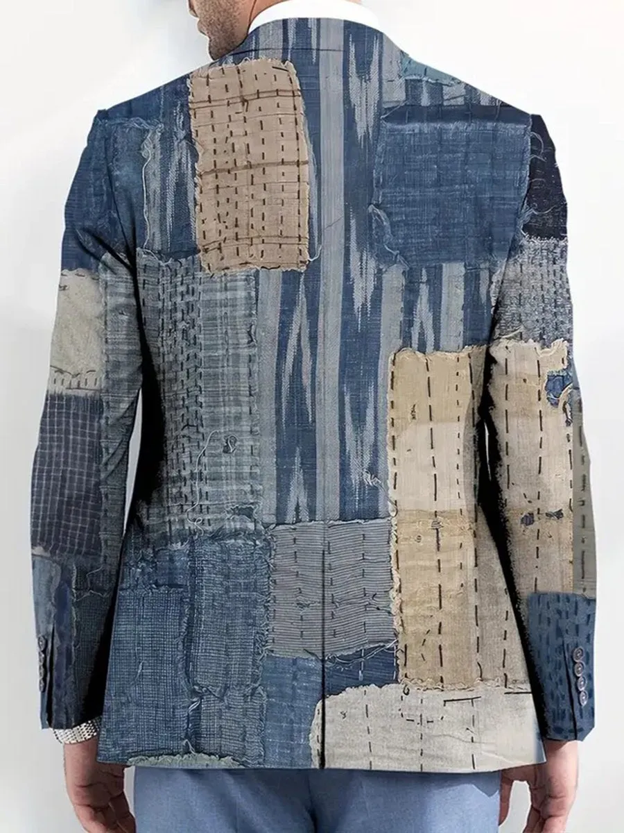 Men's Vintage Denim Patchwork Textured Print Single Breasted Blazer