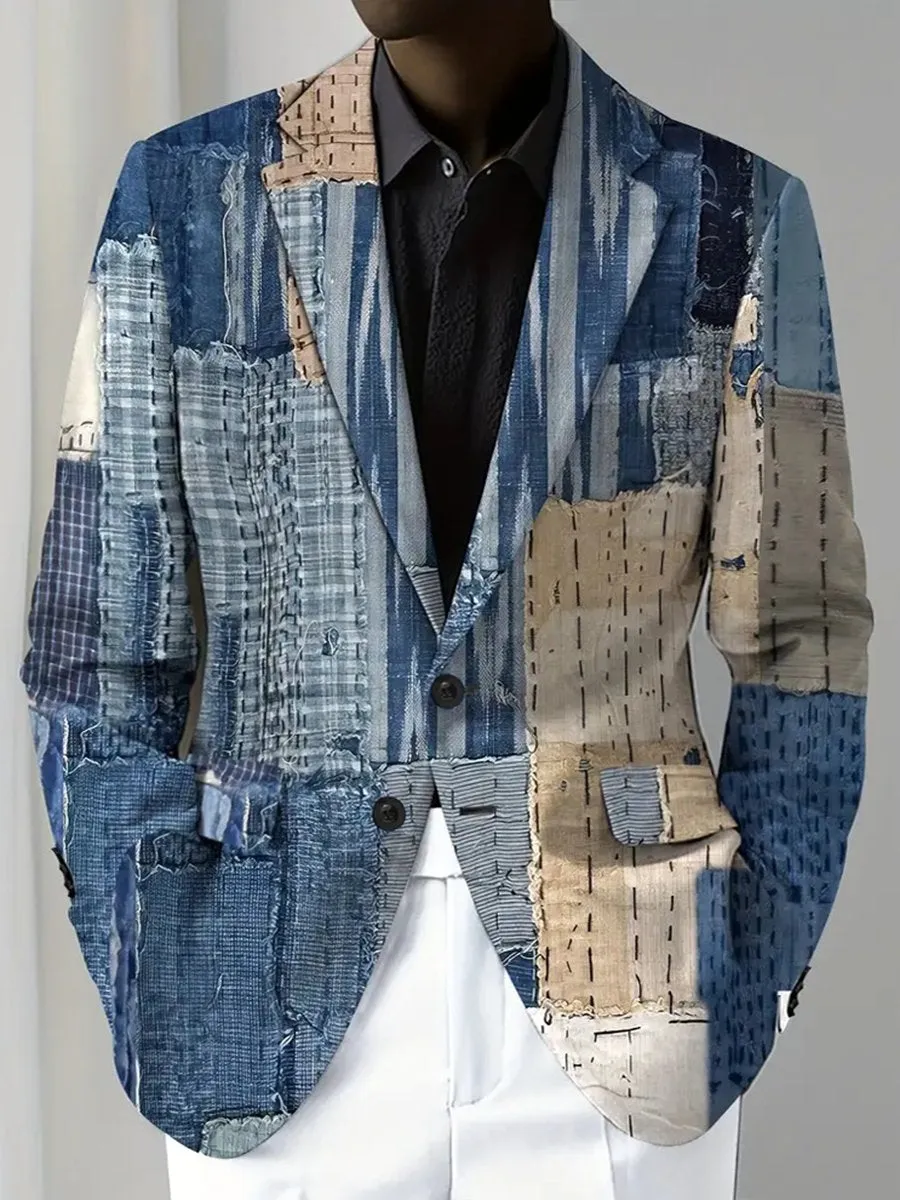 Men's Vintage Denim Patchwork Textured Print Single Breasted Blazer