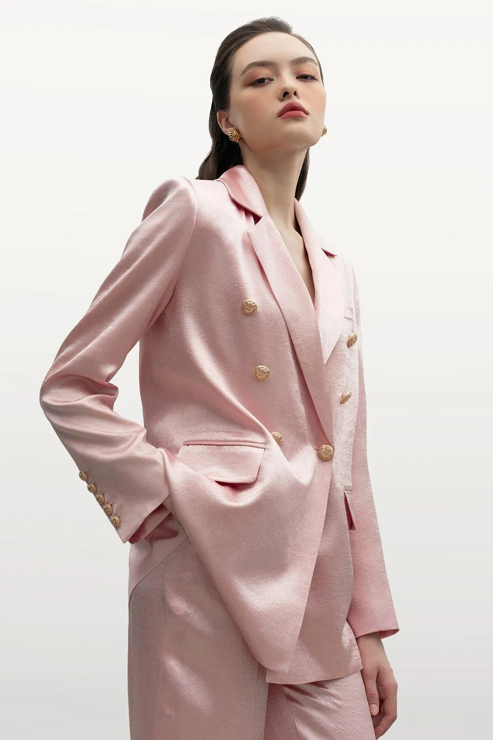 Mireille Straight V-Neck Wrinkled Silk Blazer