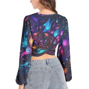 Night Trip | Women's Deep V-Neck Lantern Sleeve Crop Top | Cameron Gray