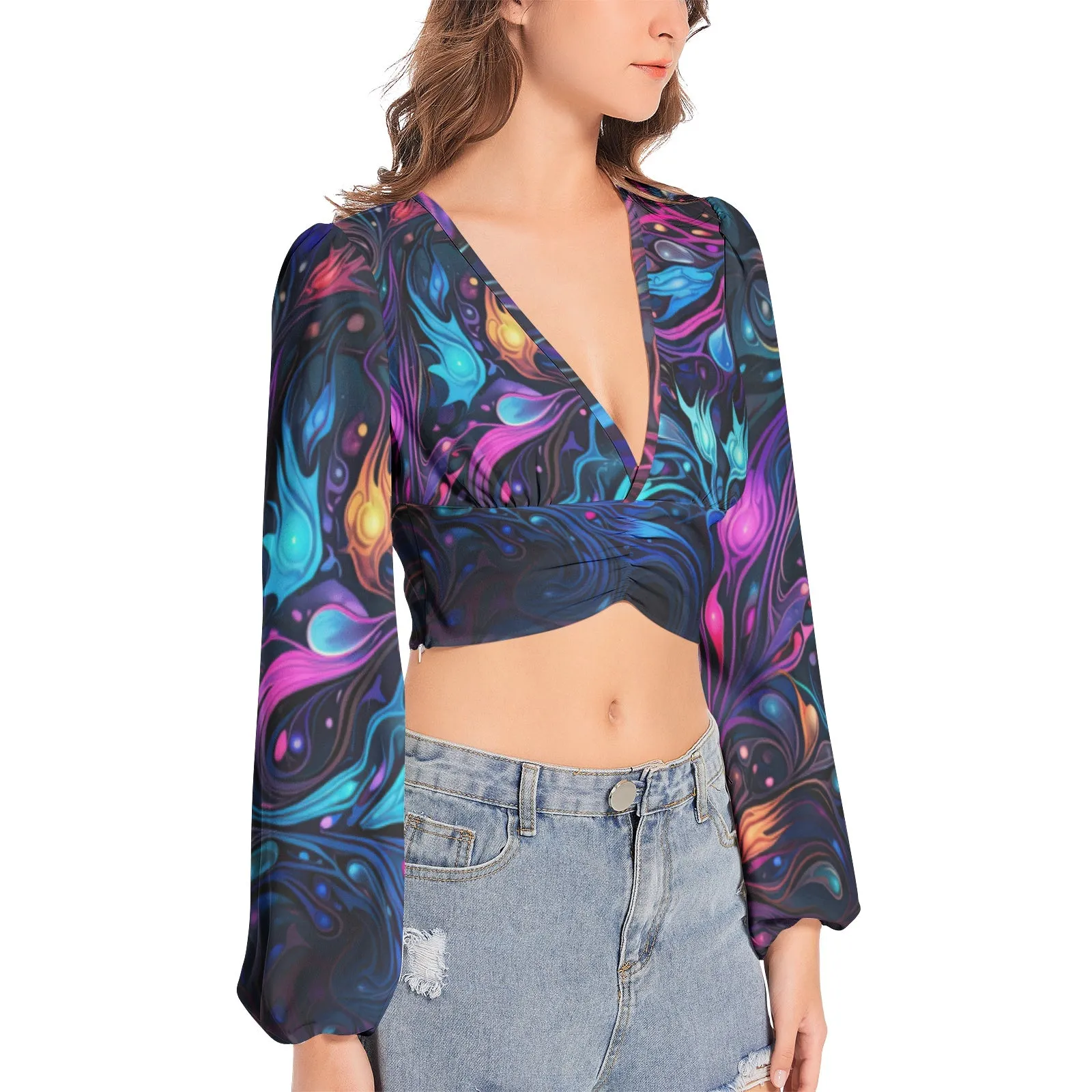 Night Trip | Women's Deep V-Neck Lantern Sleeve Crop Top | Cameron Gray