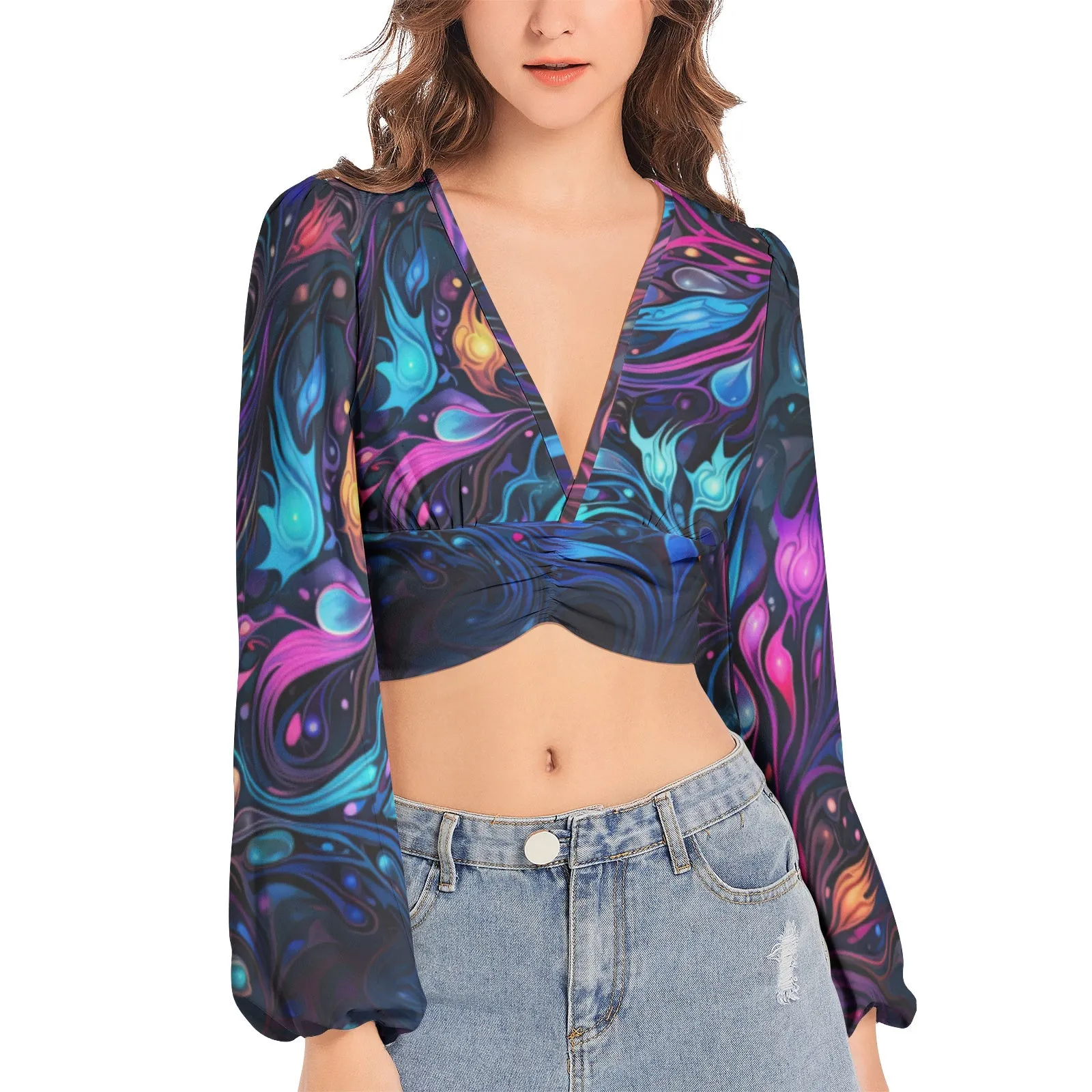 Night Trip | Women's Deep V-Neck Lantern Sleeve Crop Top | Cameron Gray