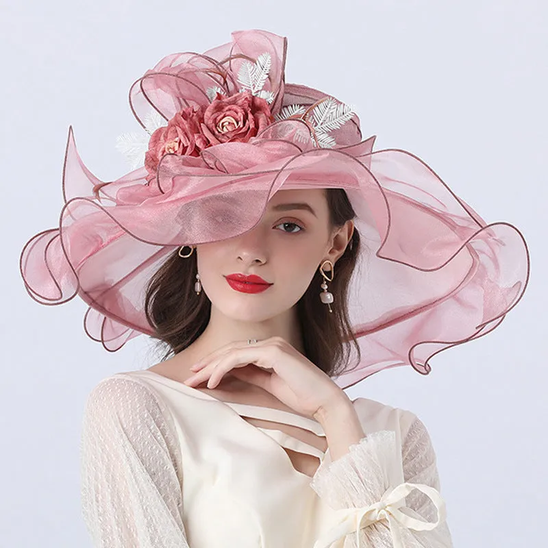 Organza Derby Wide Brim Wedding Bride Hat with Exquisite Flower Details