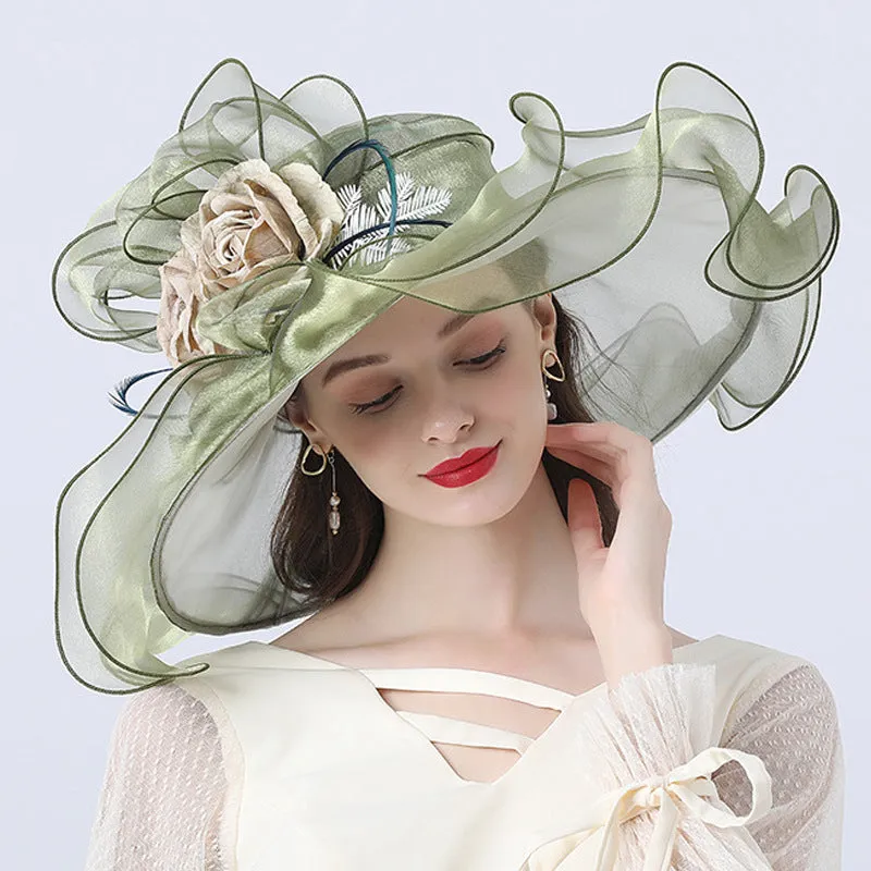 Organza Derby Wide Brim Wedding Bride Hat with Exquisite Flower Details