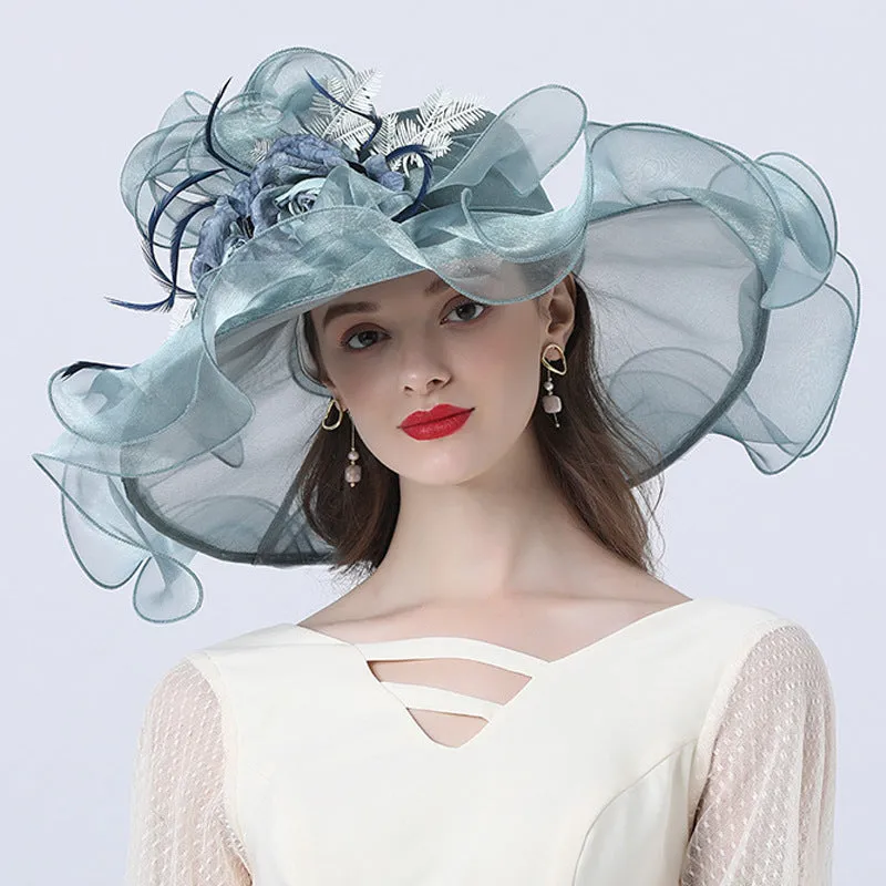 Organza Derby Wide Brim Wedding Bride Hat with Exquisite Flower Details