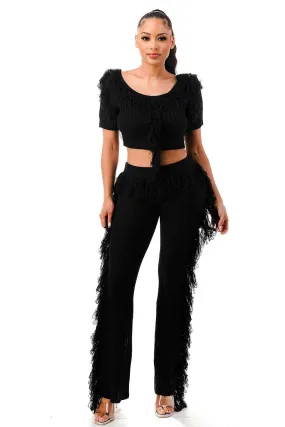 Party Time Solid Black Fringe Pants Set