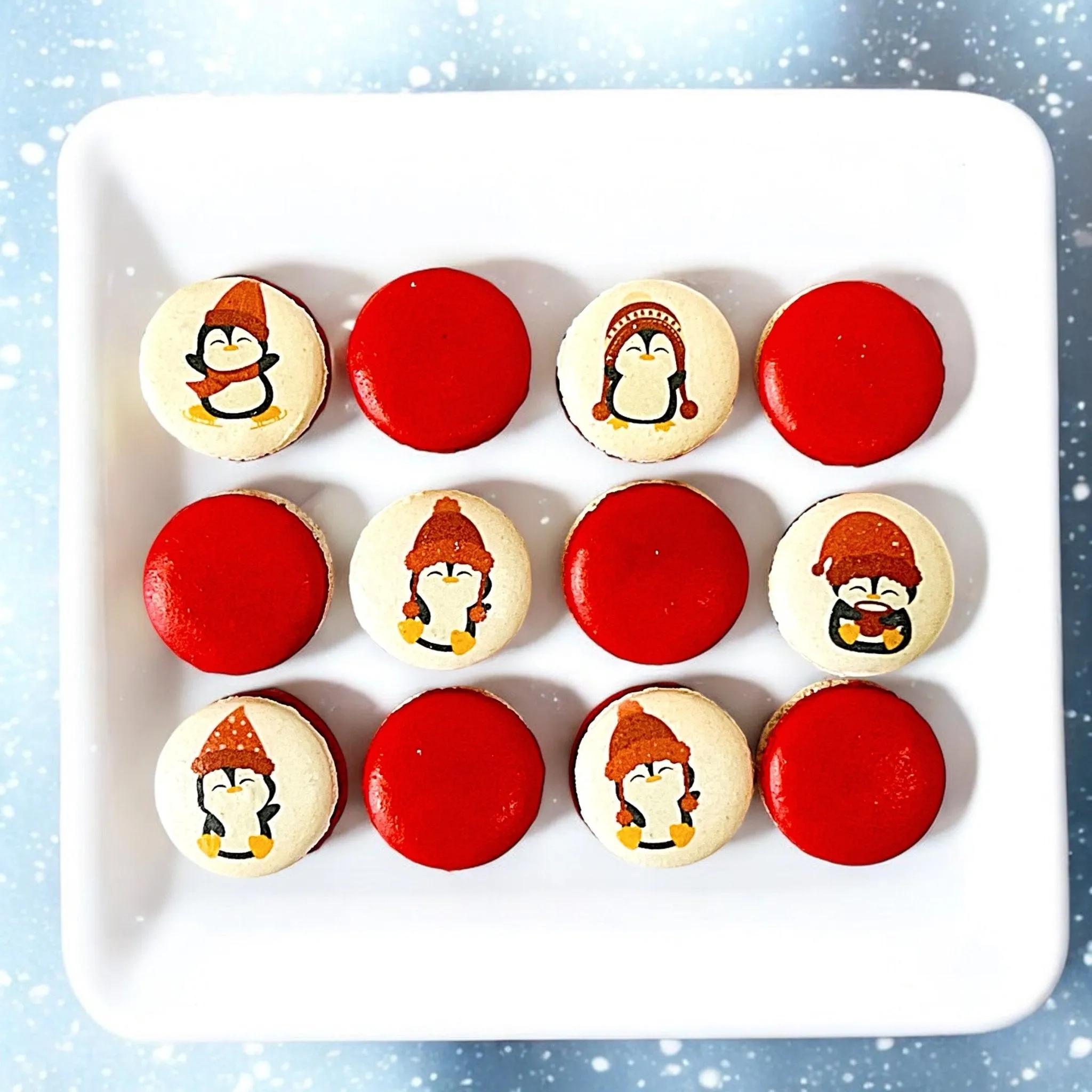 Penguin Winter Macaron Set - Red and White