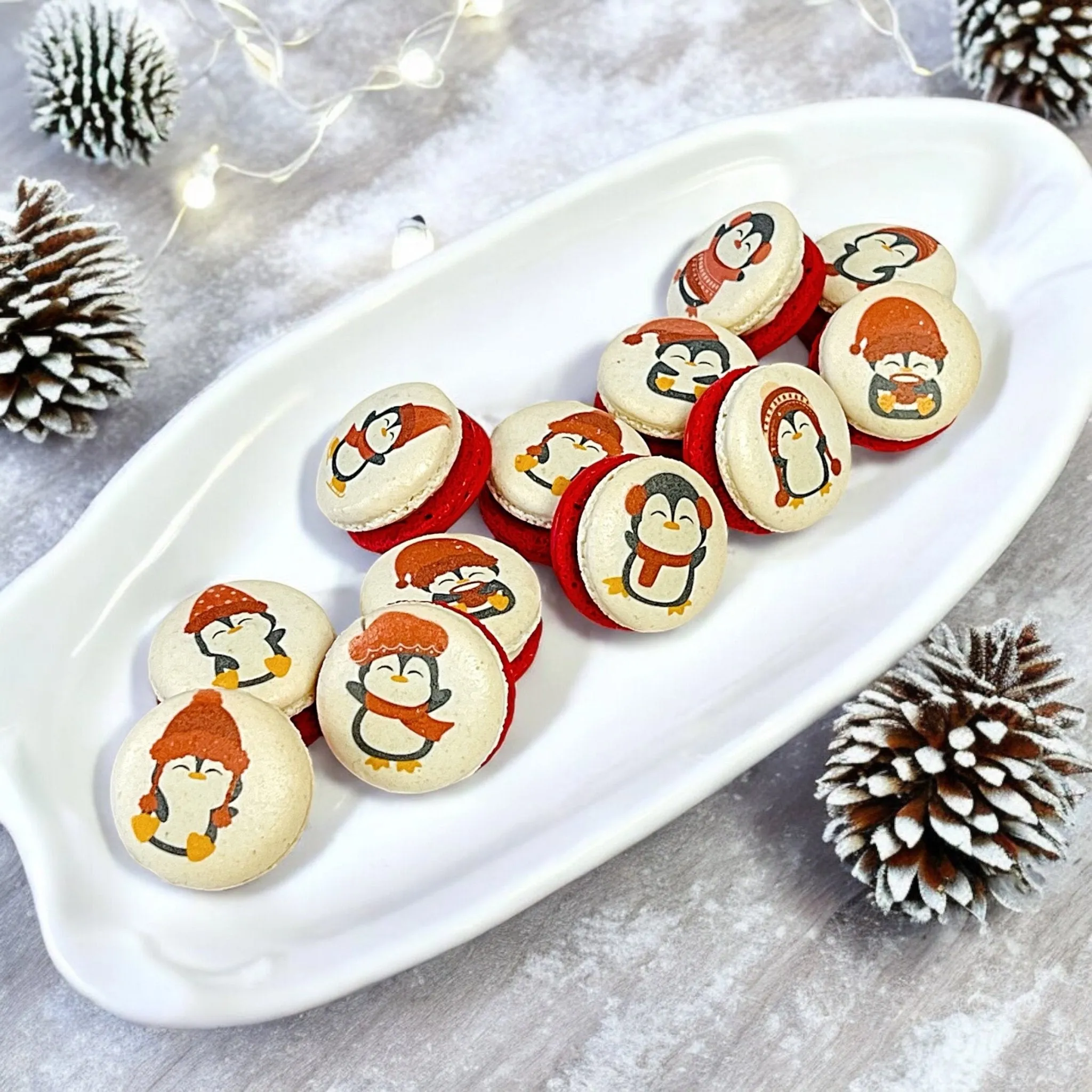 Penguin Winter Macaron Set - Red and White