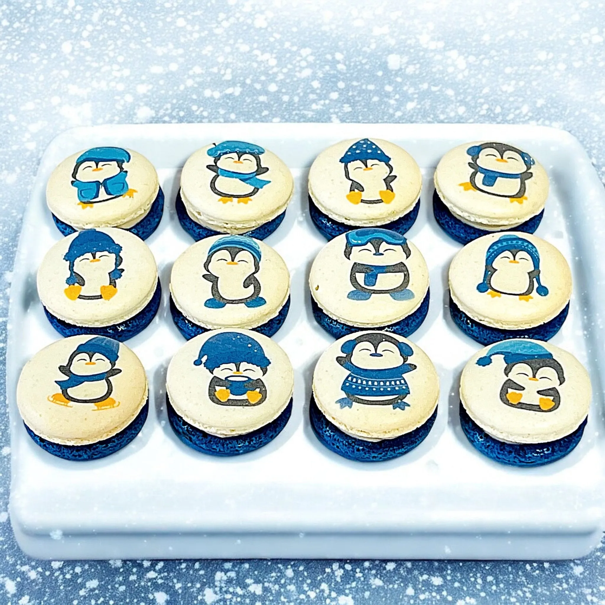 Penguin Winter Macaron Set - Sapphire Blue and White