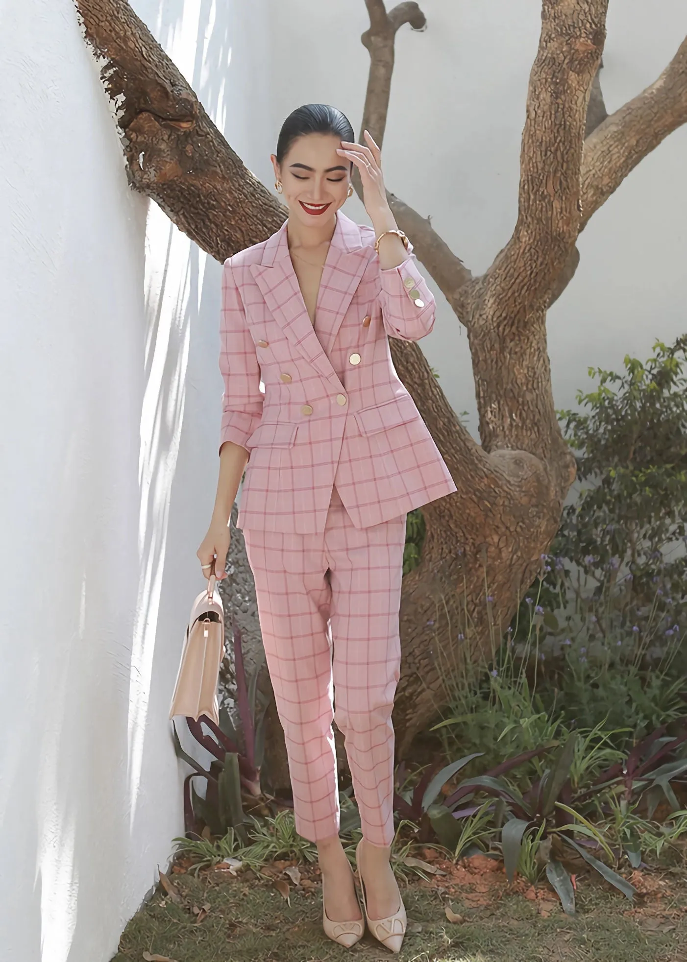 Pink Plaid Double Breasted Blazer Crop Pants Suit Set