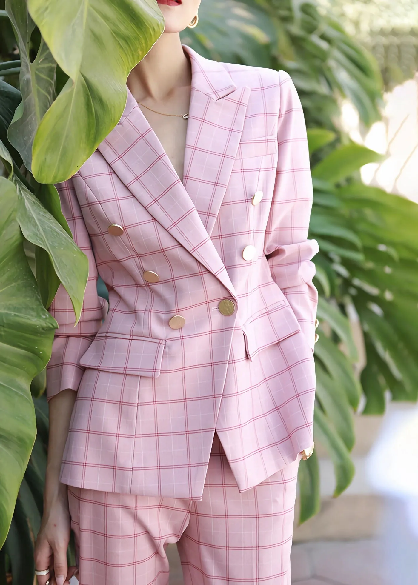 Pink Plaid Double Breasted Blazer Crop Pants Suit Set