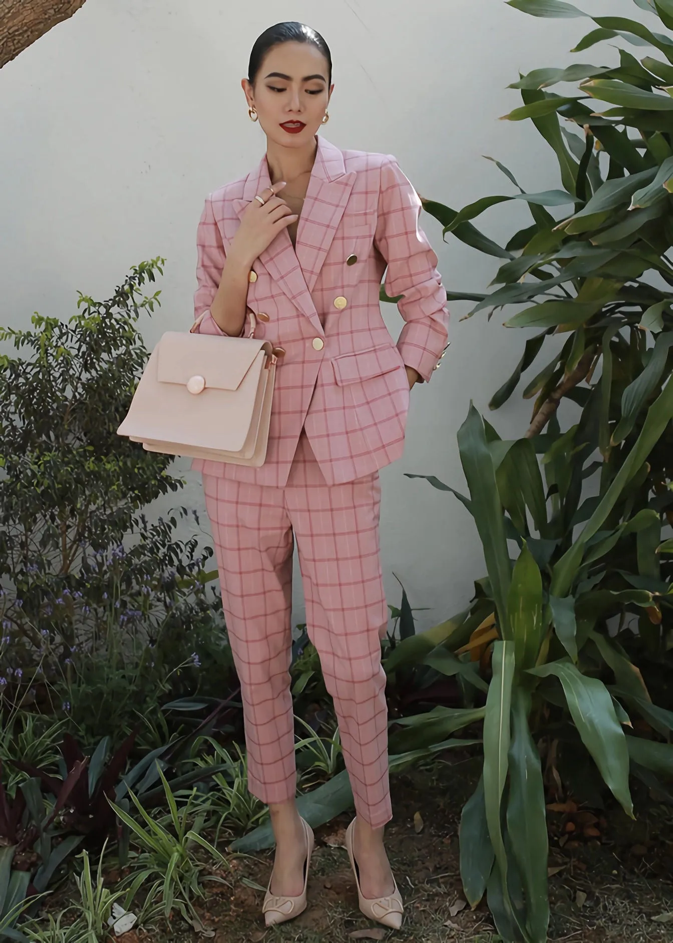 Pink Plaid Double Breasted Blazer Crop Pants Suit Set