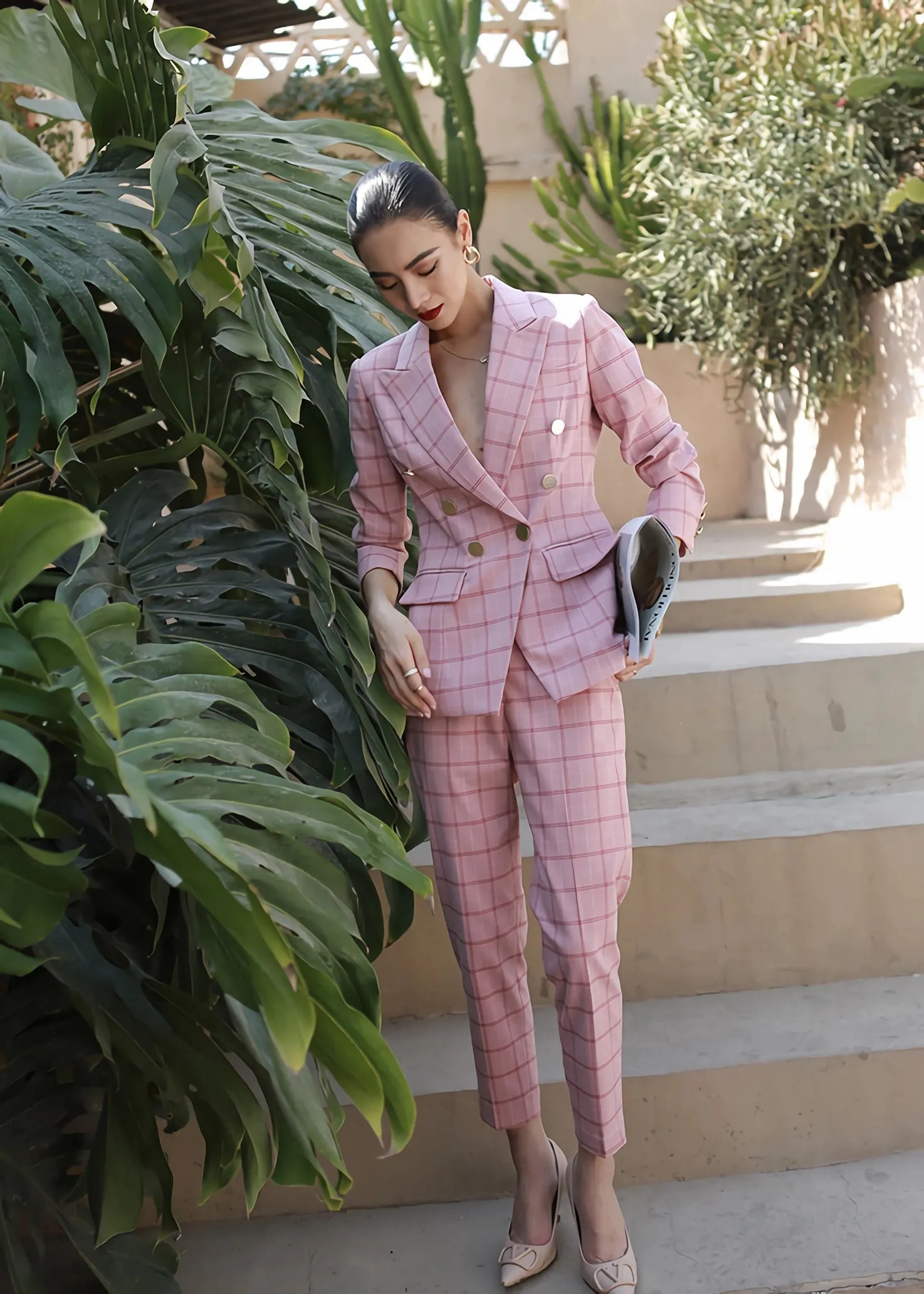 Pink Plaid Double Breasted Blazer Crop Pants Suit Set