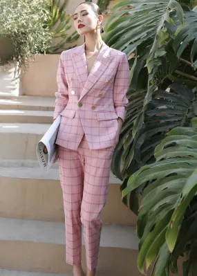 Pink Plaid Double Breasted Blazer Crop Pants Suit Set