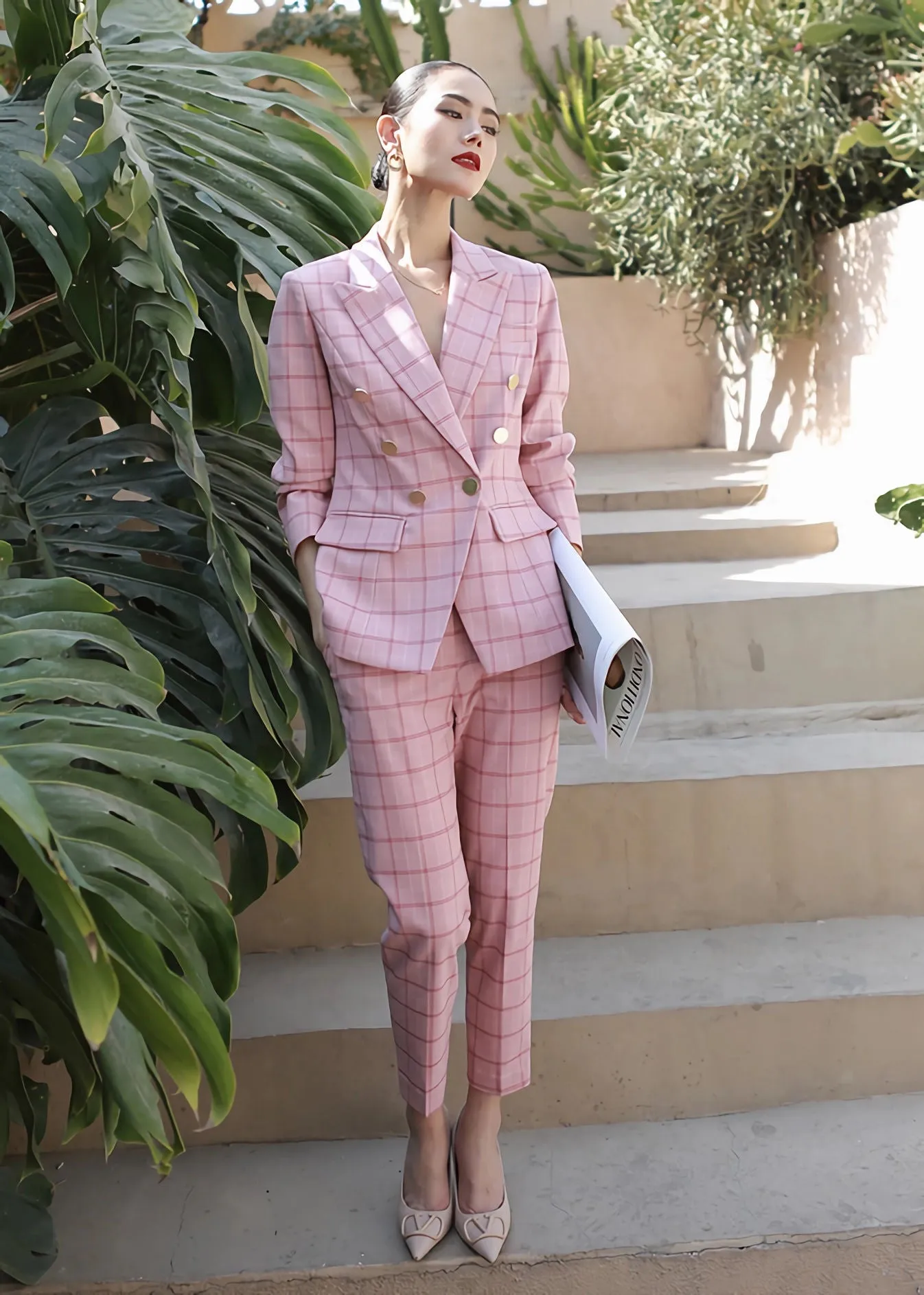 Pink Plaid Double Breasted Blazer Crop Pants Suit Set