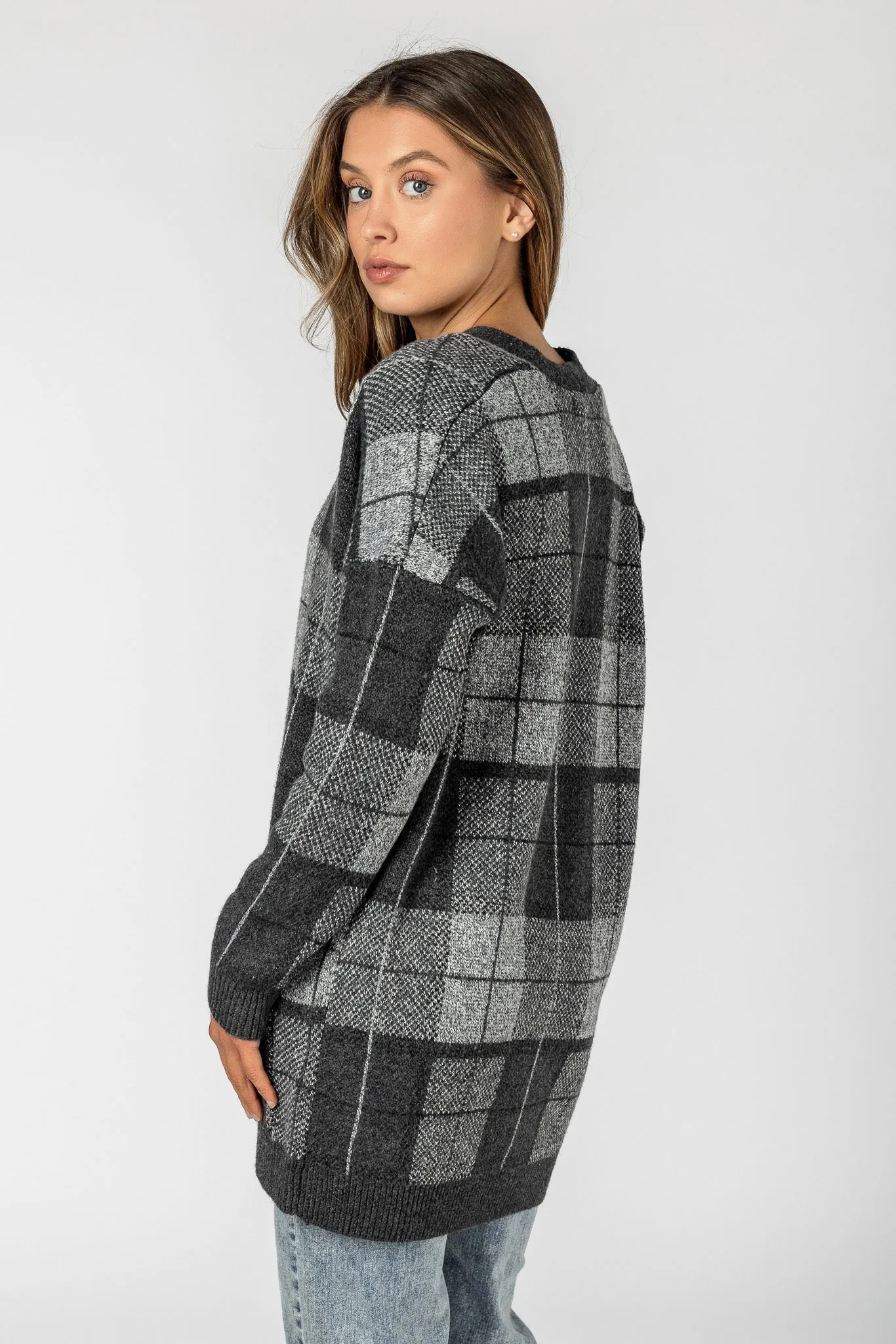 Plaid Open Cardigan with Pockets