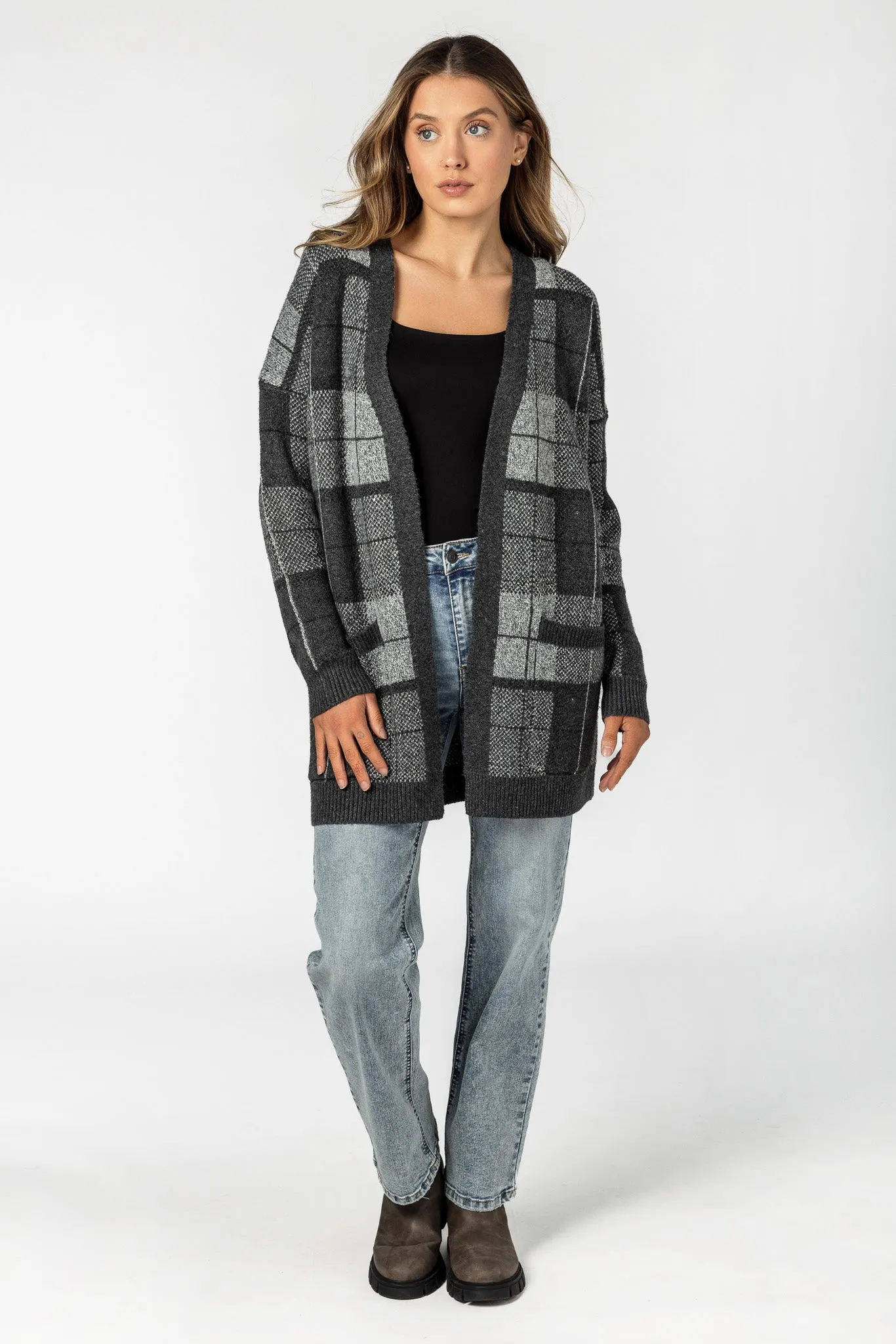 Plaid Open Cardigan with Pockets