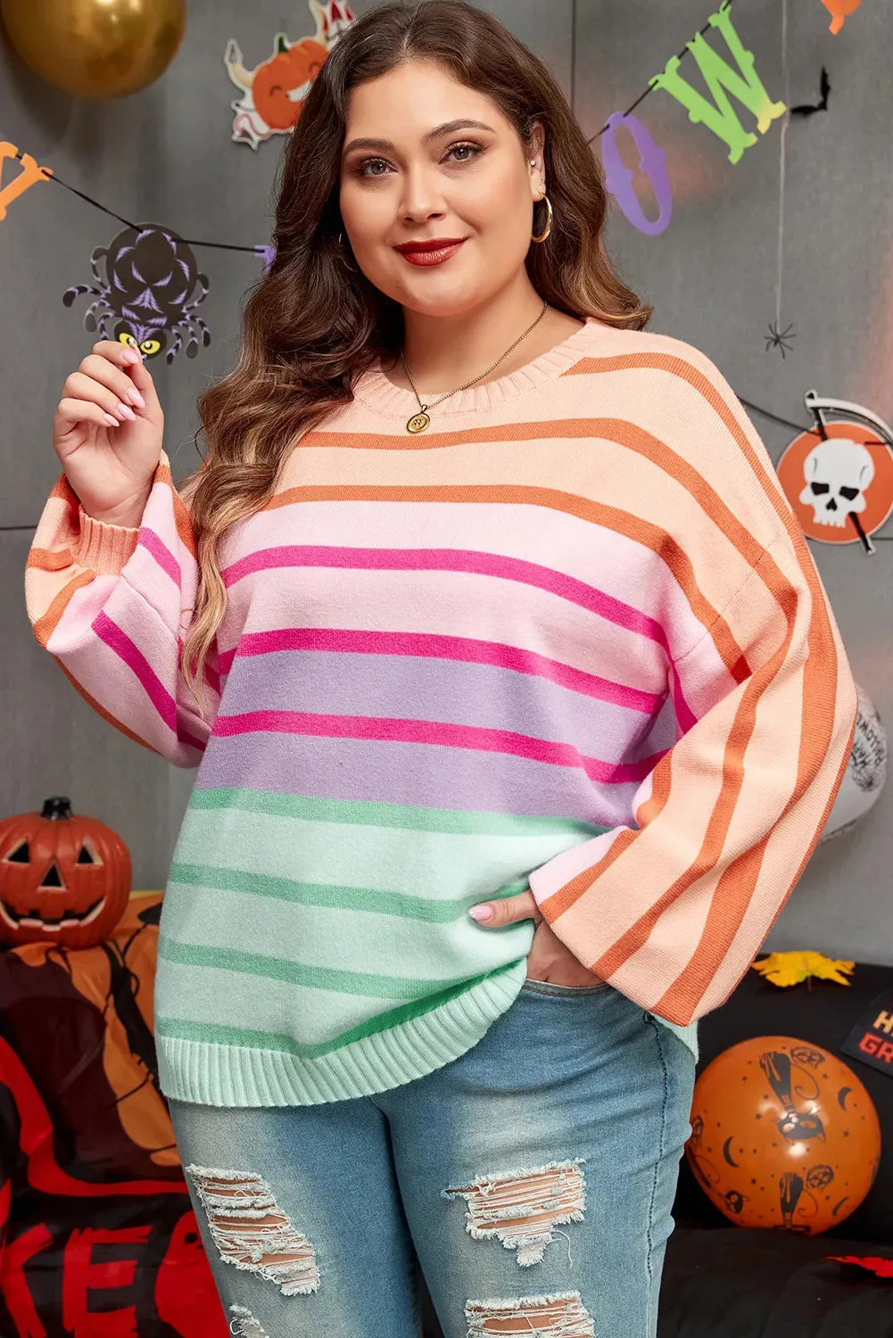 Plus Size Striped Round Neck Long Sleeve Sweater