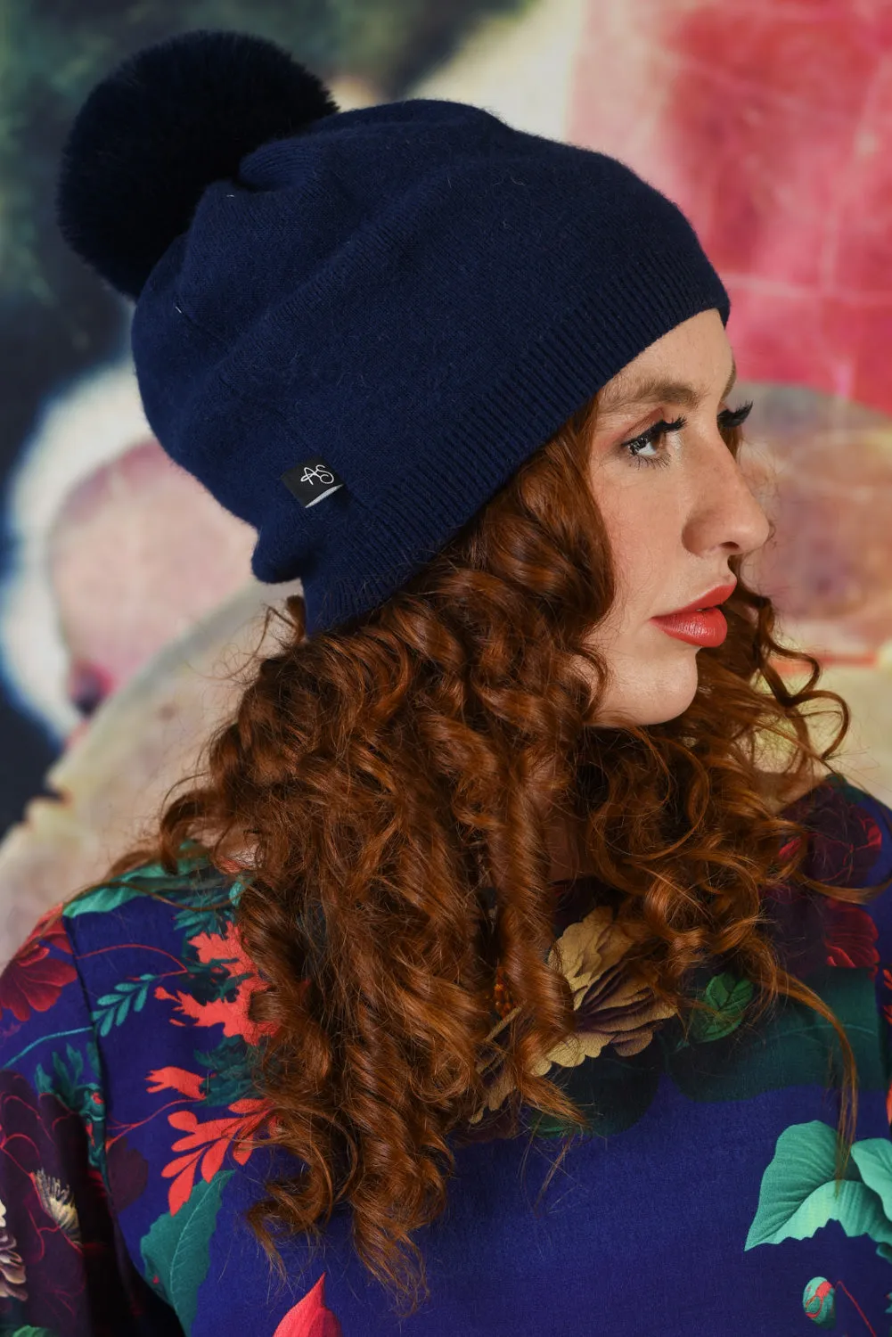 Pom Pom Cashmere Beanie - Navy