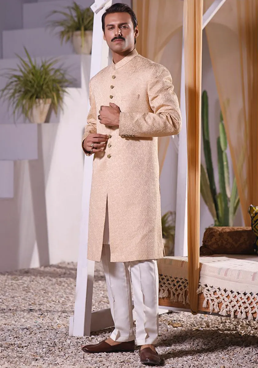 Premium Satin Beige Classic Fit Embroidered Sherwani