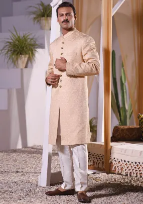 Premium Satin Beige Classic Fit Embroidered Sherwani