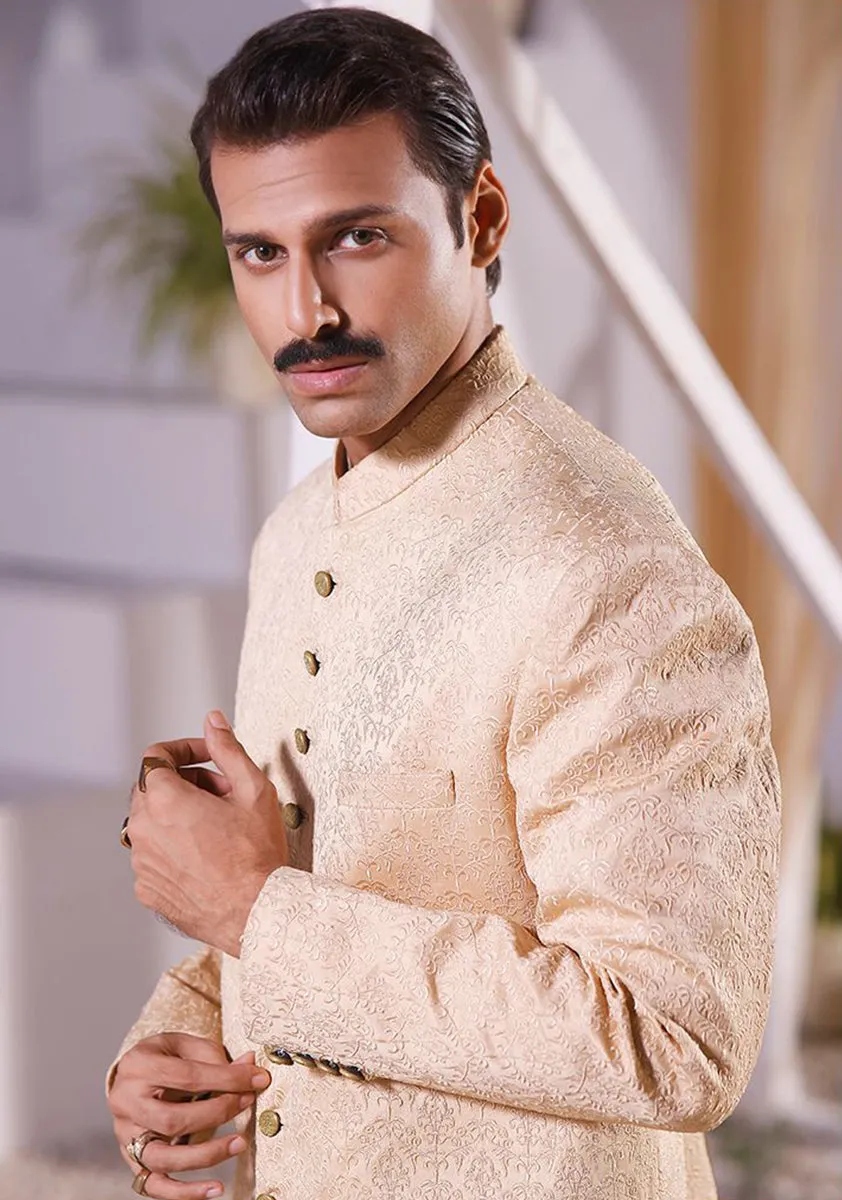 Premium Satin Beige Classic Fit Embroidered Sherwani