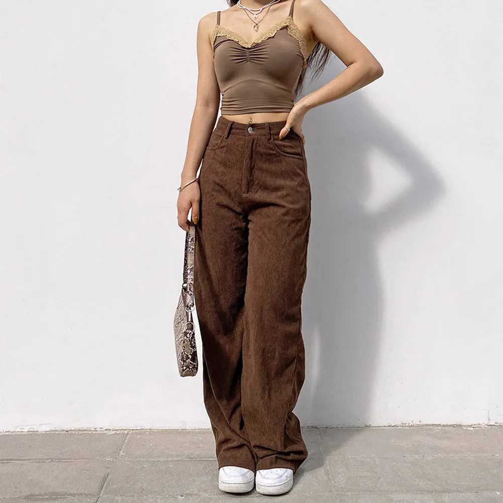 Retro Corduroy Loose High Waist Straight Leg Women Wholesale Pants