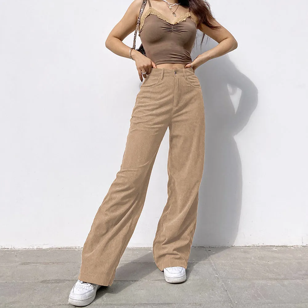 Retro Corduroy Loose High Waist Straight Leg Women Wholesale Pants