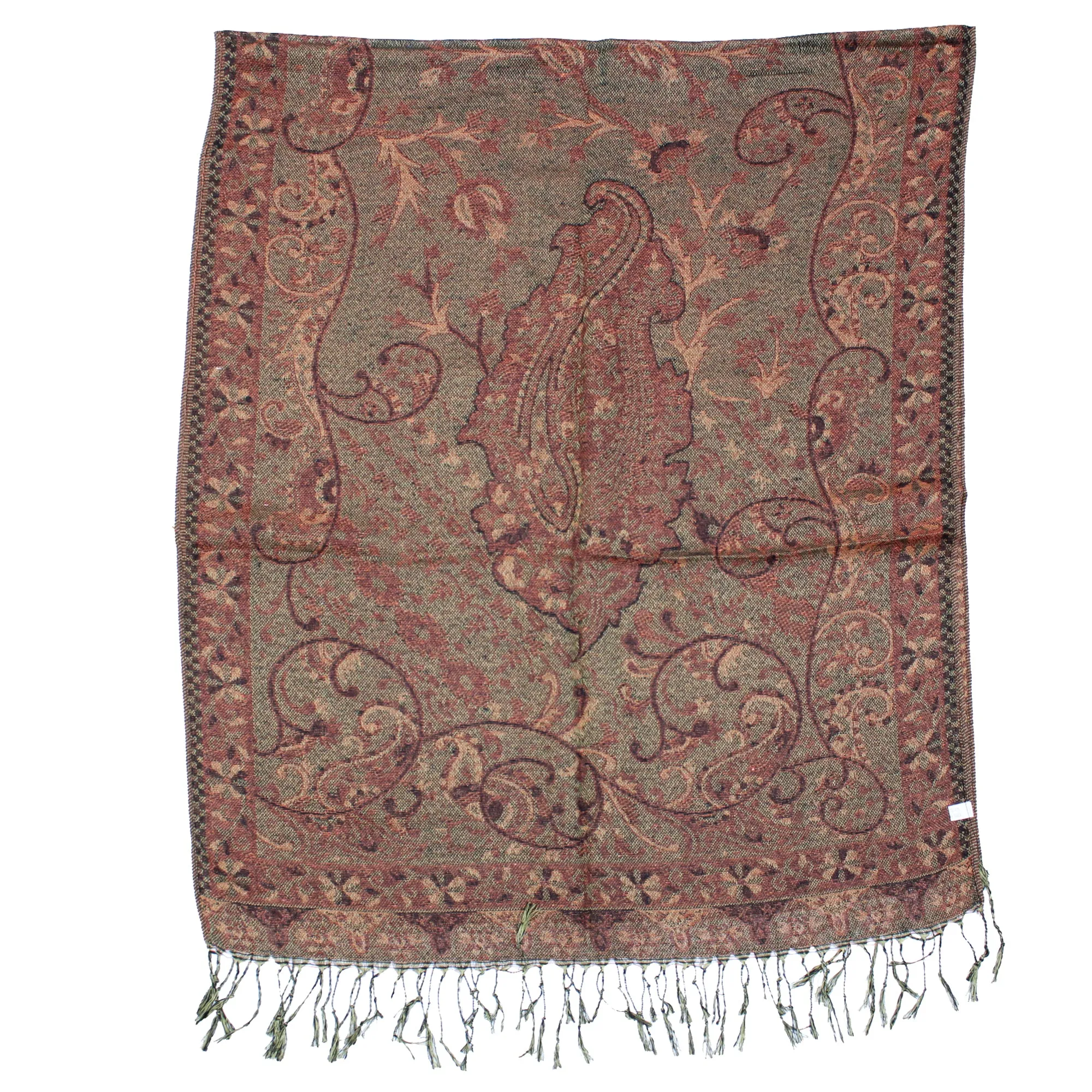 Reversible Rust & Olive Paisley Print Pashmina with Tassels