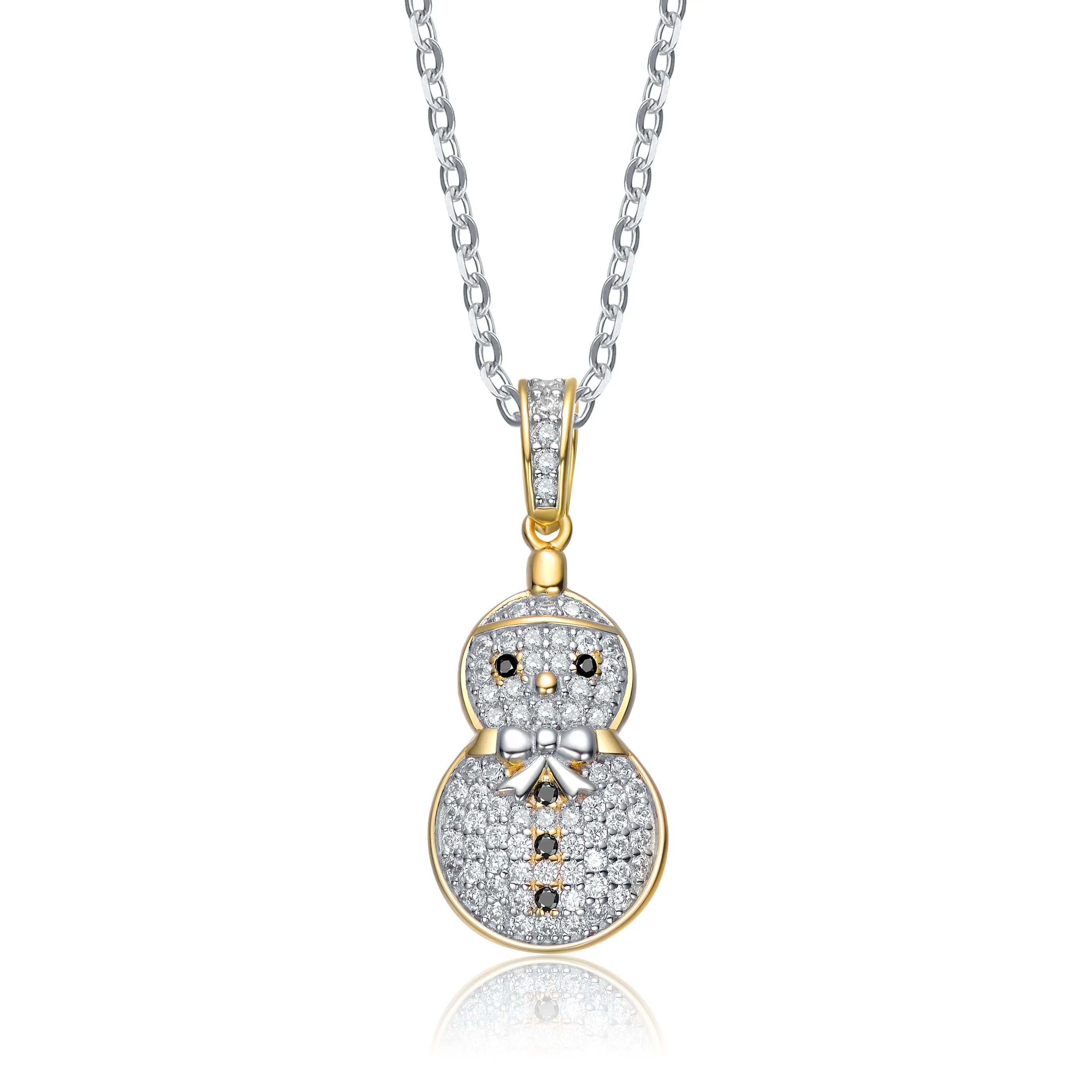 Rhodium Plated Sterling Silver Cubic Zirconia Snowman Pendant Necklace