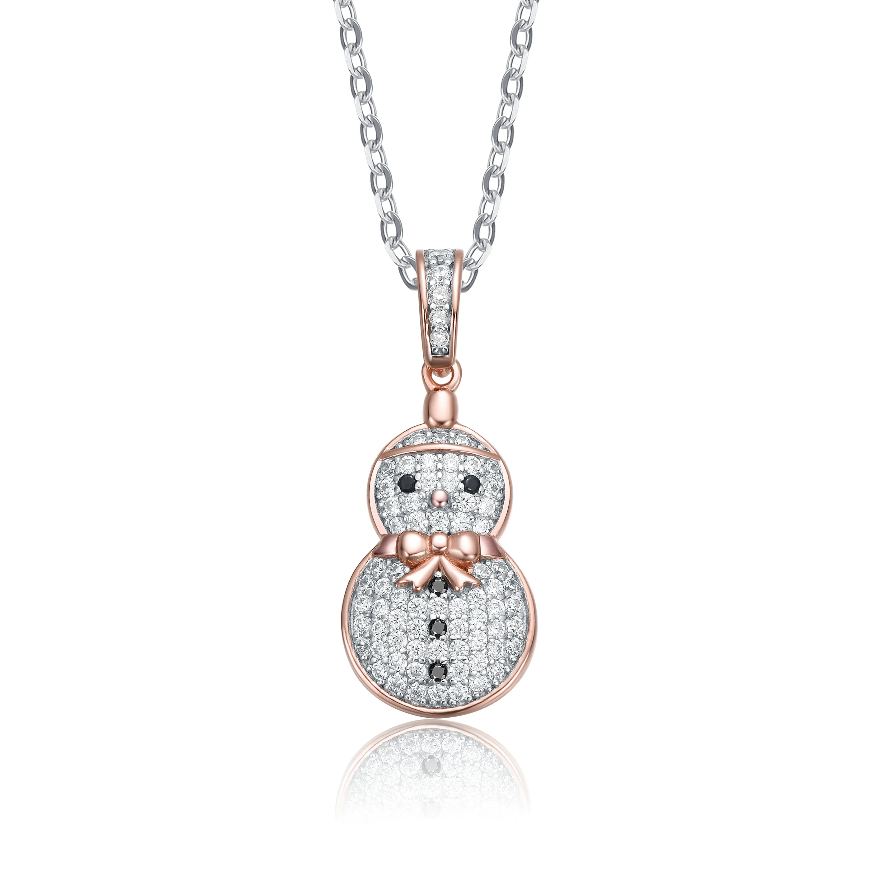 Rhodium Plated Sterling Silver Cubic Zirconia Snowman Pendant Necklace