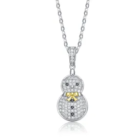 Rhodium Plated Sterling Silver Cubic Zirconia Snowman Pendant Necklace