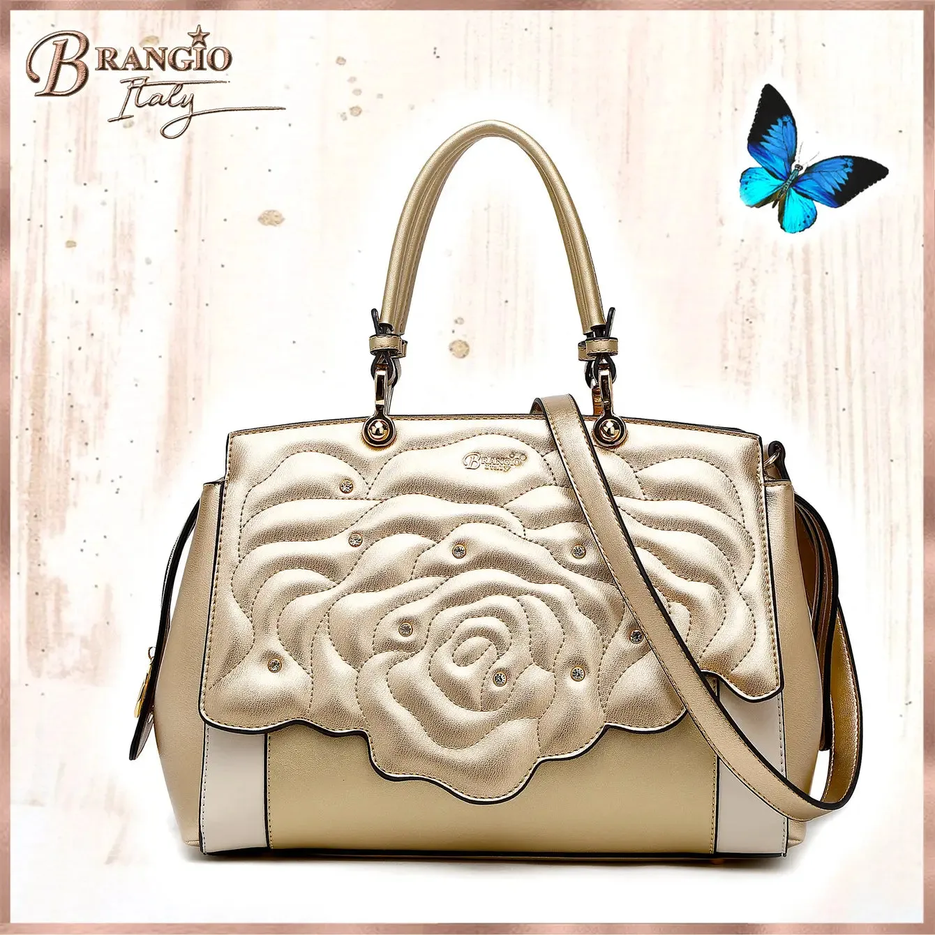 Rosette 3d Crystal Vegan Leather Metallic Handbag