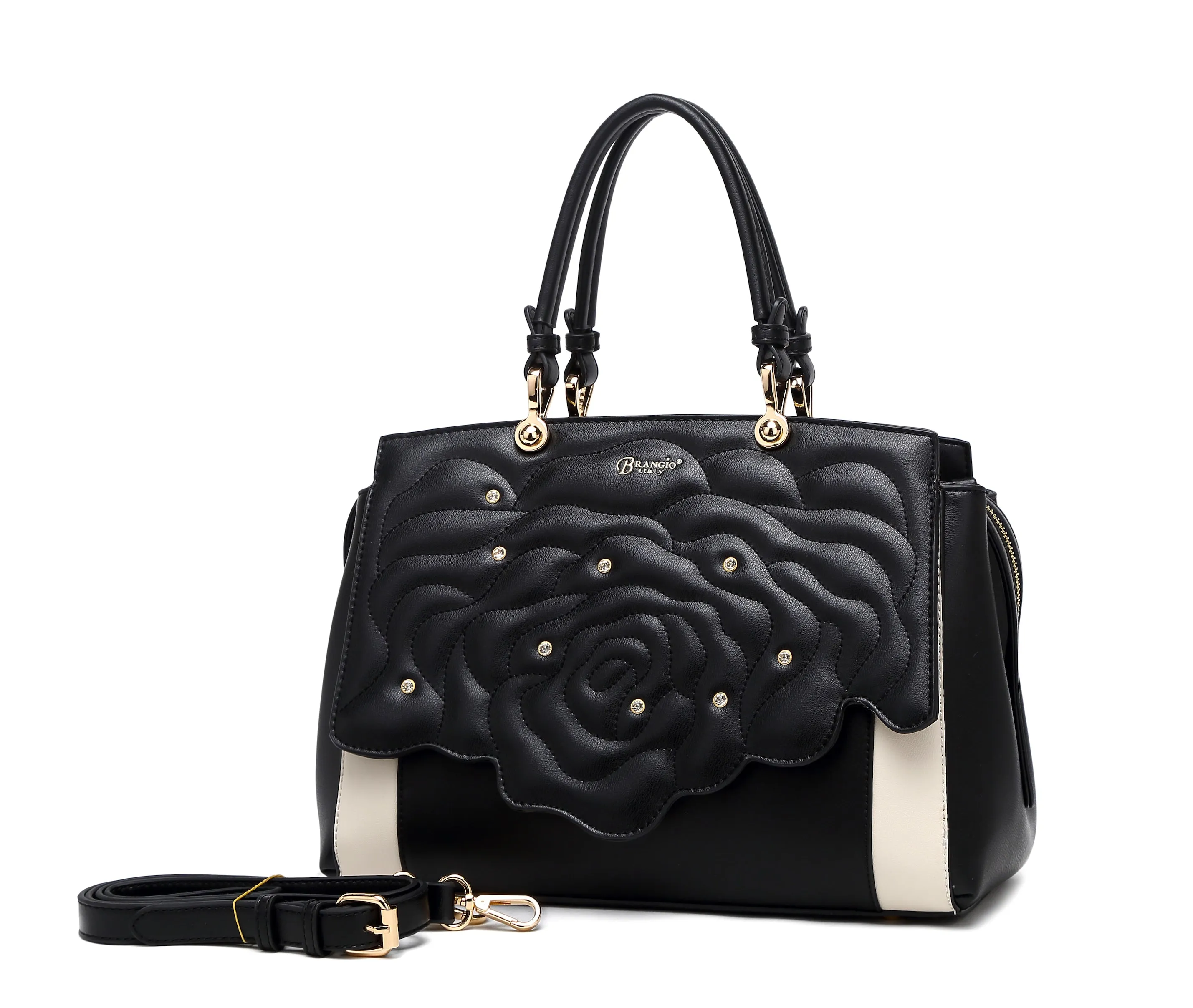 Rosette 3d Crystal Vegan Leather Metallic Handbag