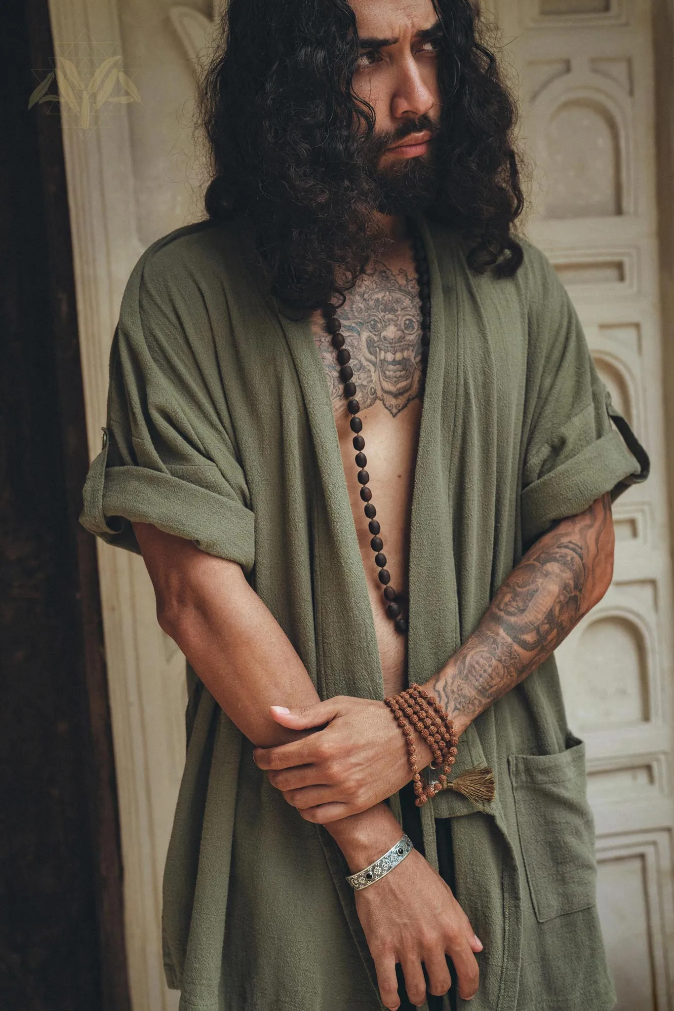 Sage Green Tribal Kimono Robe for Men