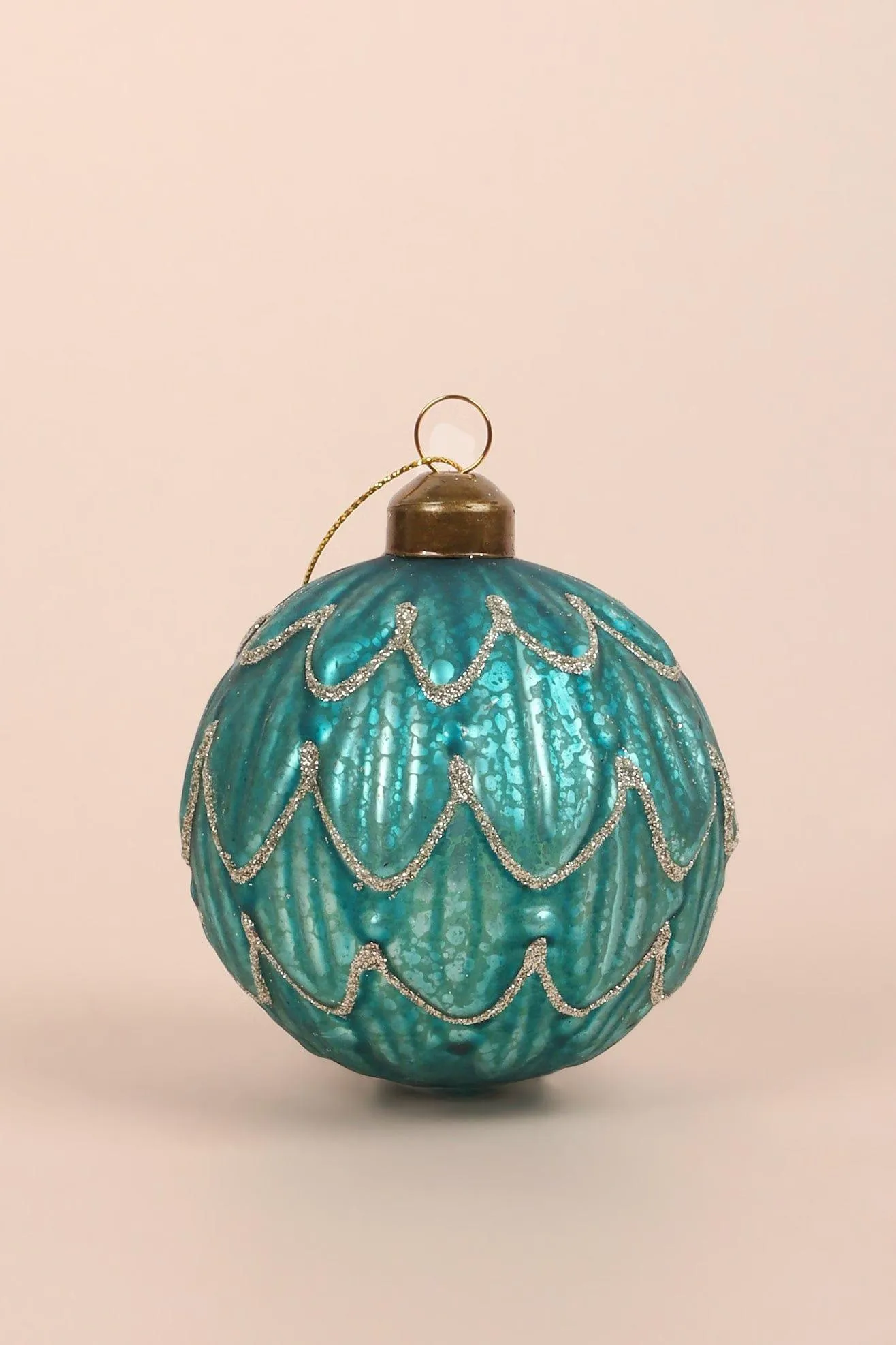 Set of 4 Sparkling Blue Glass Christmas Tree Baubles with Silver Glitter Patterns