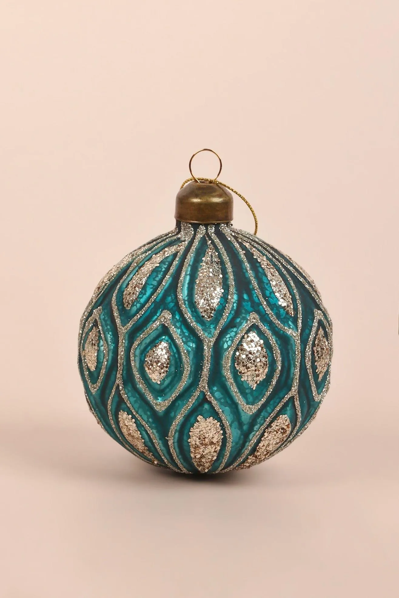 Set of 4 Sparkling Blue Glass Christmas Tree Baubles with Silver Glitter Patterns