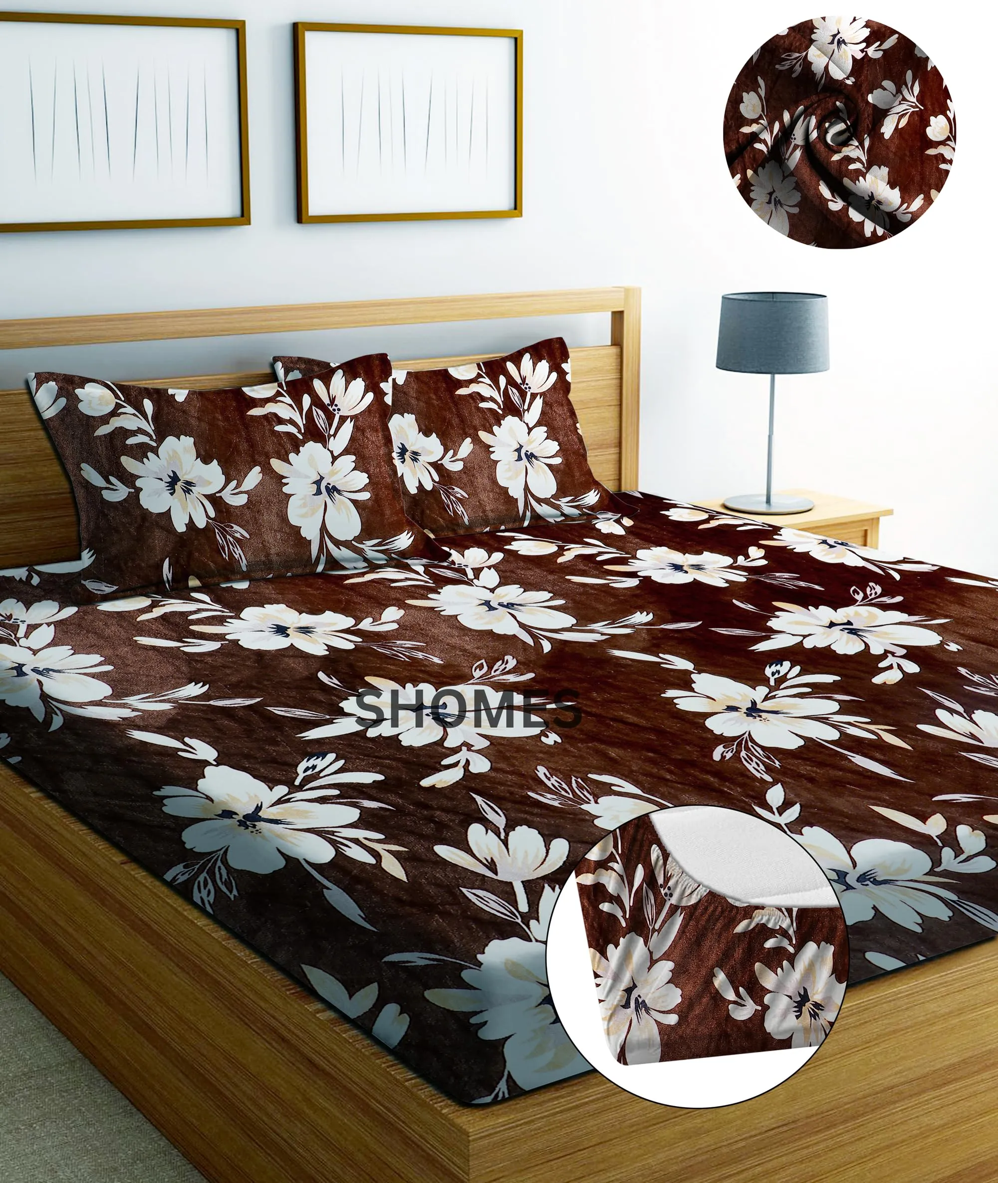 SHOMES Premium Elastic Fitted Warm bedsheets for Winter for Double Bed, Elastic Fitted Winter bedsheets for King Size Bed with 2 Pillow Covers, Size - 72 x 78 Inches (Brown Floral)